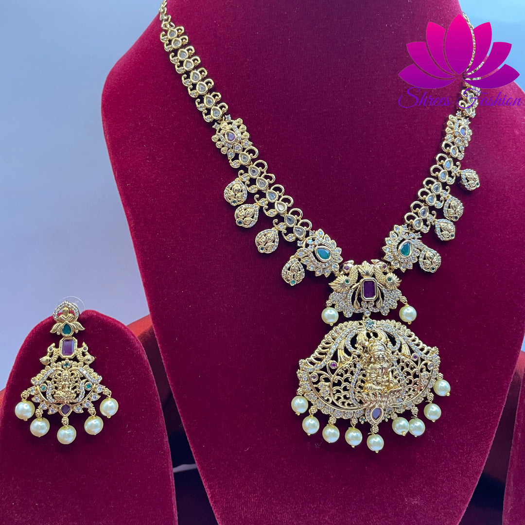 Radiant Elegance Matte Gold Finish Temple Design Necklace with CZ Stones | Shrees Fashion