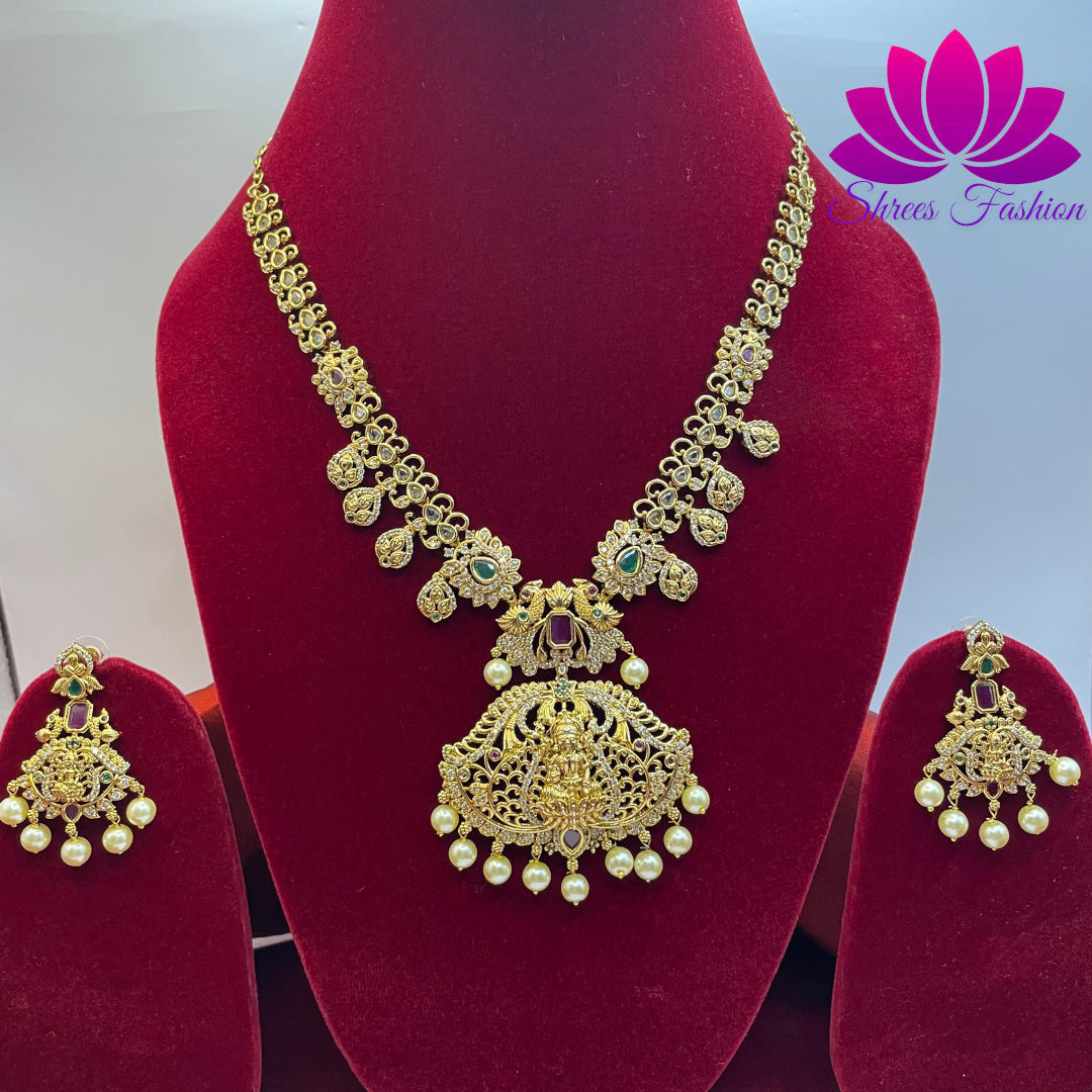 Radiant Elegance Matte Gold Finish Temple Design Necklace with CZ Stones | Shrees Fashion