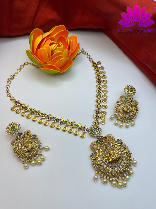 Timeless Elegance Matte Gold Finish Temple and Coin Design Necklace with Beautiful Earrings Set
