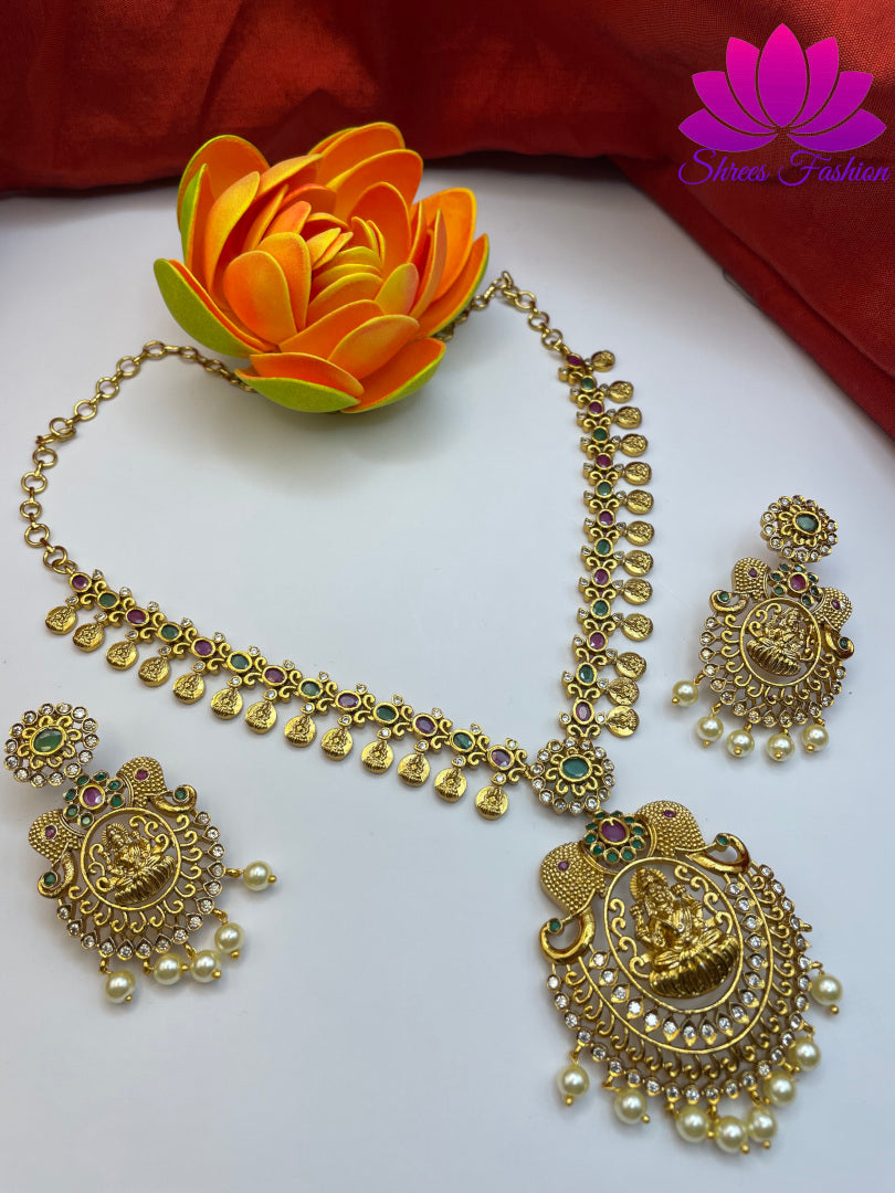 Timeless Elegance Matte Gold Finish Temple and Coin Design Necklace with Beautiful Earrings Set" | Shrees Fashion