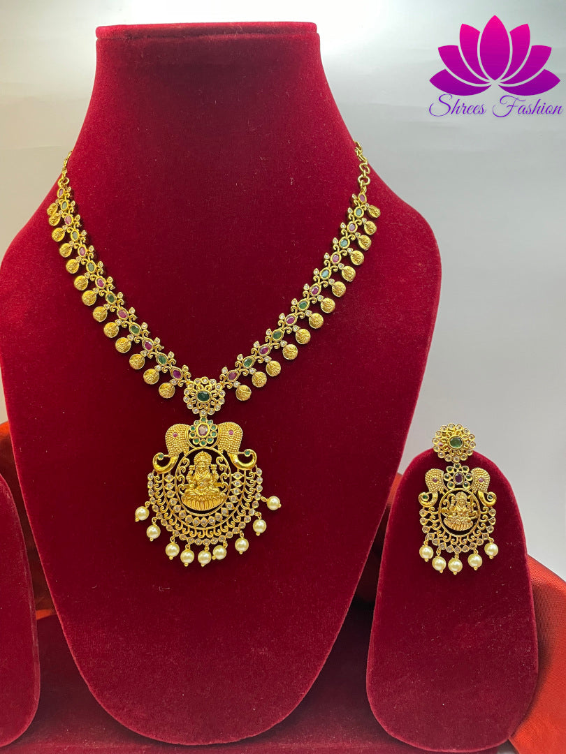 Timeless Elegance Matte Gold Finish Temple and Coin Design Necklace with Beautiful Earrings Set" | Shrees Fashion