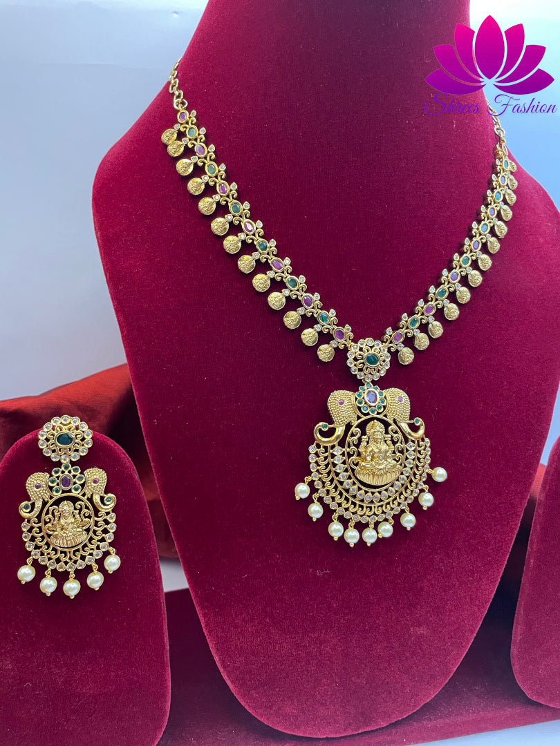 Timeless Elegance Matte Gold Finish Temple and Coin Design Necklace with Beautiful Earrings Set" | Shrees Fashion