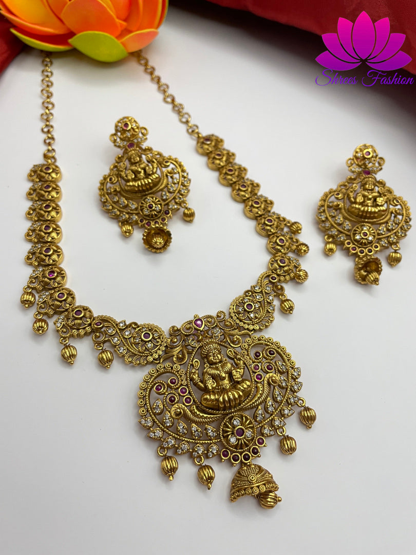 Graceful Temple-Inspired Matte Finish Necklace Set with Elegant Earrings | Shrees Fashion