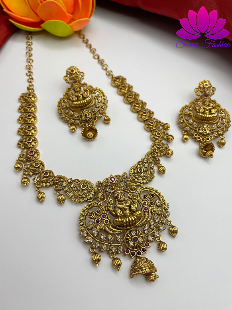 Graceful Temple-Inspired Matte Finish Necklace Set with Elegant Earrings | Shrees Fashion