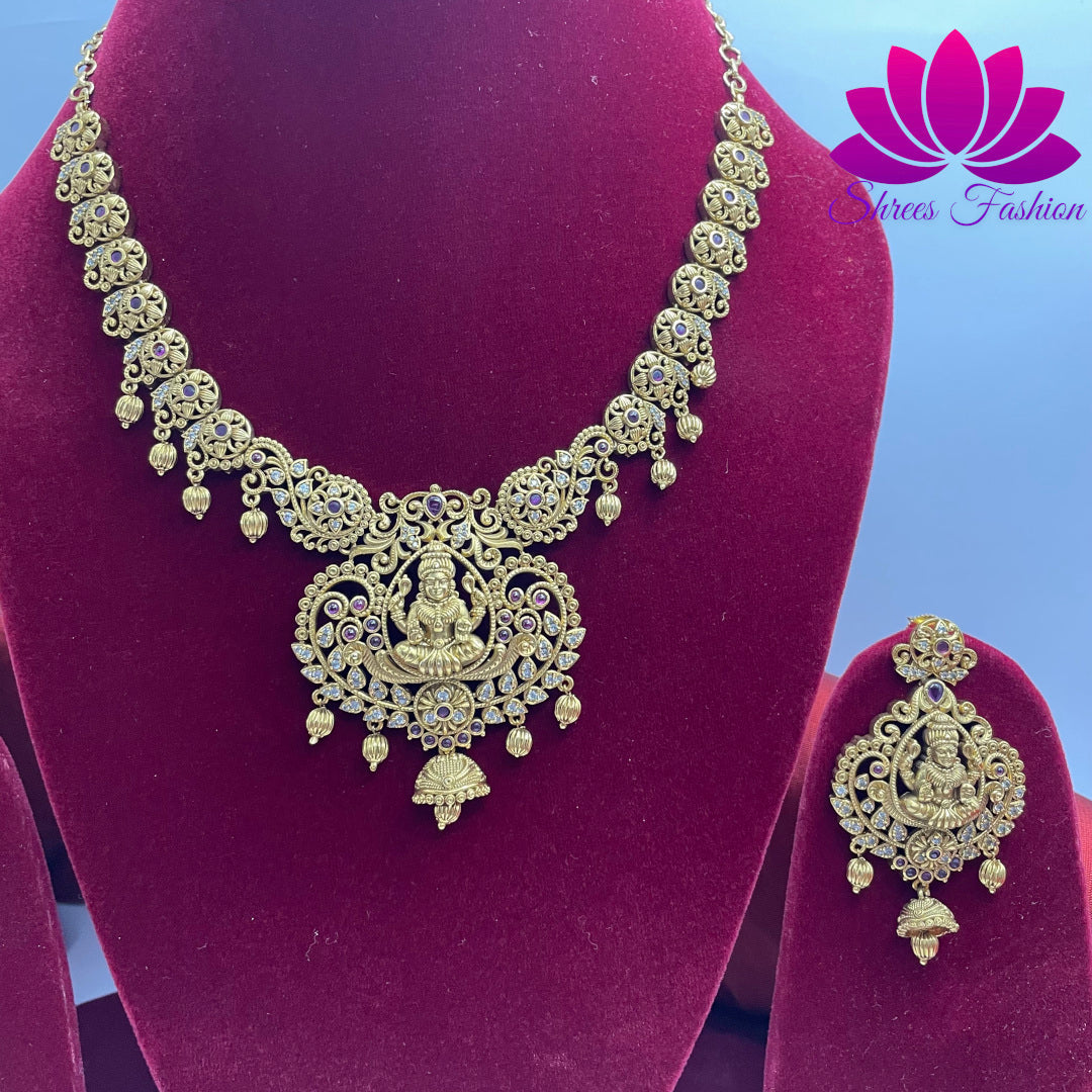 Graceful Temple-Inspired Matte Finish Necklace Set with Elegant Earrings | Shrees Fashion