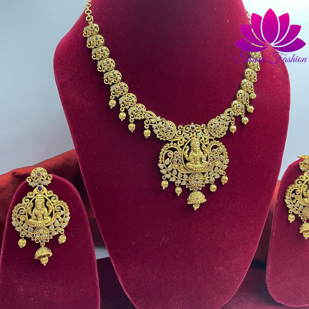 Graceful Temple-Inspired Matte Finish Necklace Set with Elegant Earrings | Shrees Fashion