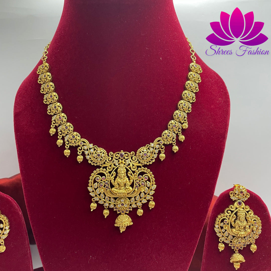 Graceful Temple-Inspired Matte Finish Necklace Set with Elegant Earrings | Shrees Fashion