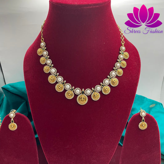 Elegant Matte Gold Mahalakshmi Coin Necklace with Green & White Stones and Pearls