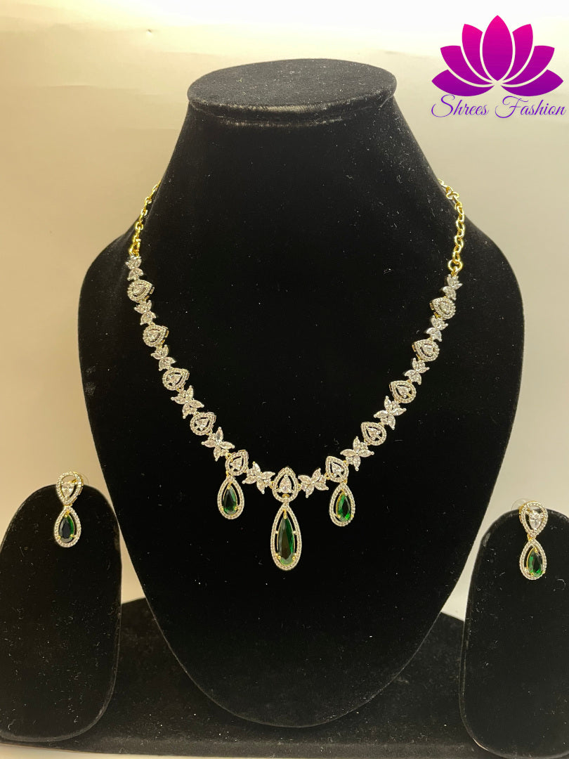 Blossom Brilliance Flower Design American Diamond Necklace with Central Green Stone Accent