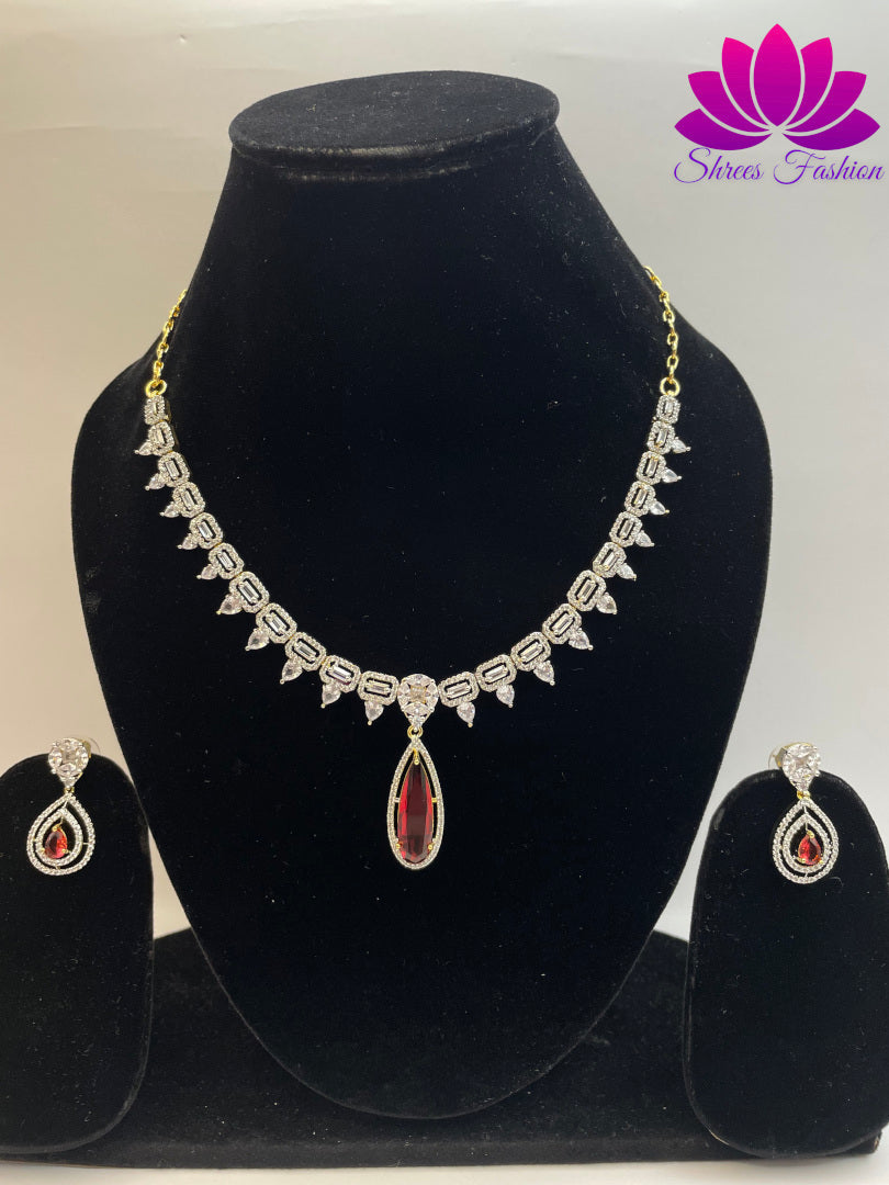 Gilded Elegance Gold-Plated American Diamond Necklace with Central Pink Stone Accent | Shrees Fashion