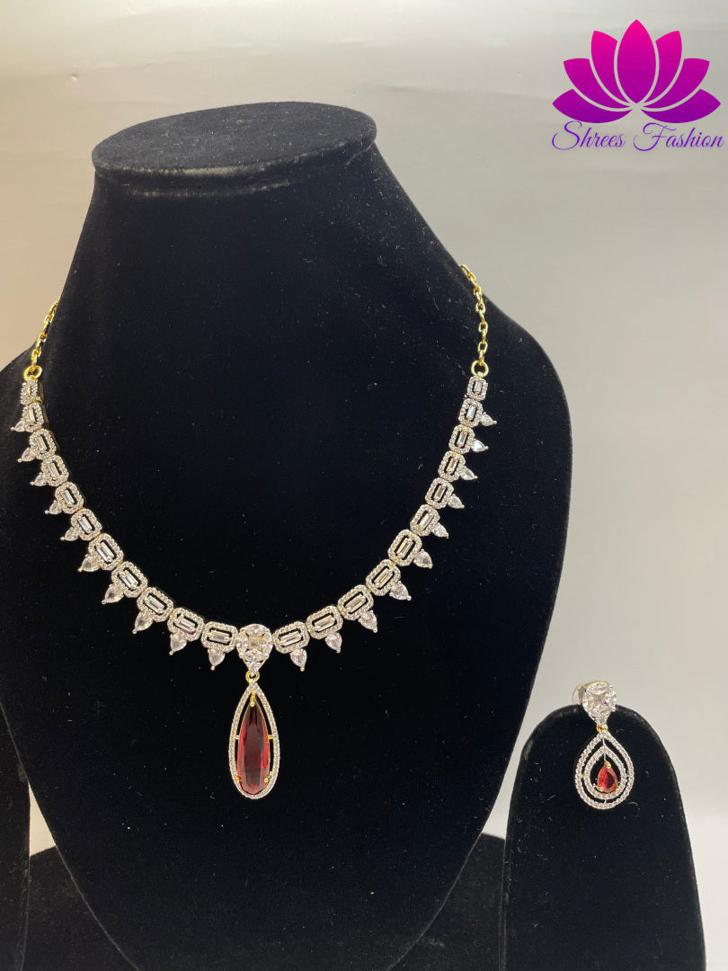 Gilded Elegance Gold-Plated American Diamond Necklace with Central Pink Stone Accent | Shrees Fashion
