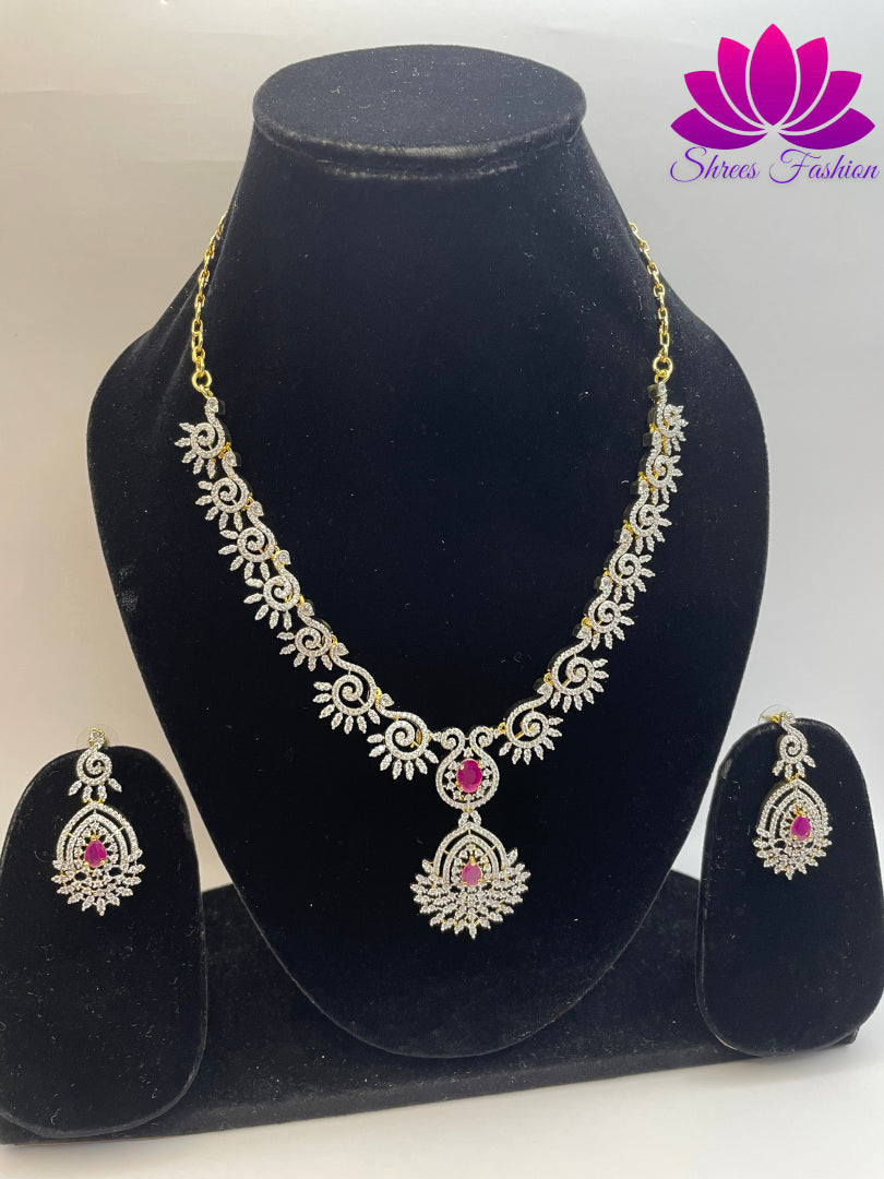 Radiant Elegance Gold-Plated American Diamond Necklace with Central Pink Stone | Shrees Fashion