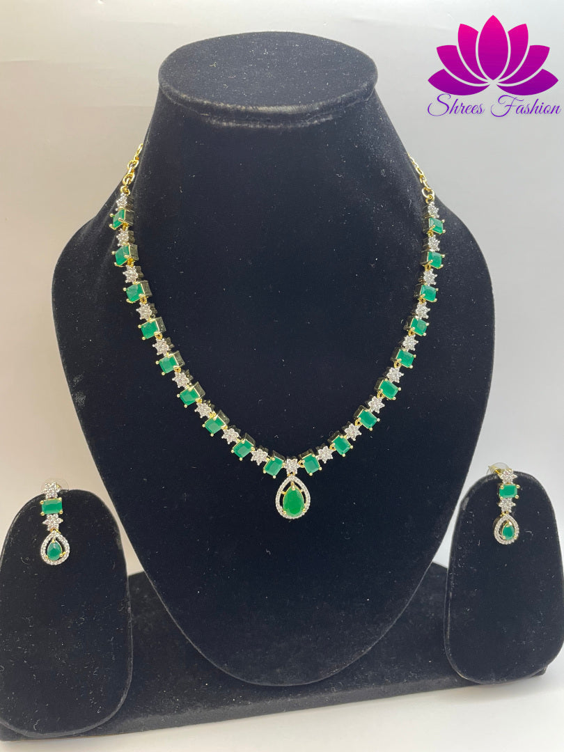 Floral Radiance Gold-Plated American Diamond Necklace with Delicate Flower Design and Green & White Stones | Shrees Fashion