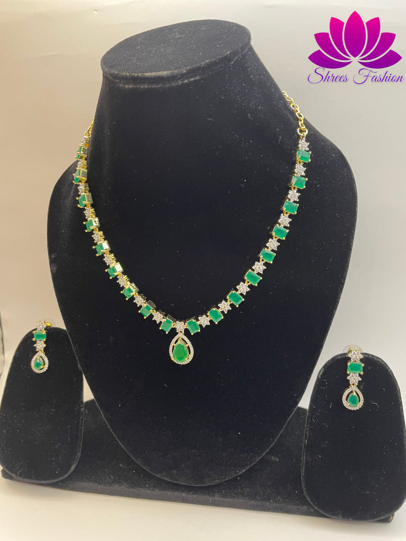 Floral Radiance Gold-Plated American Diamond Necklace with Delicate Flower Design and Green & White Stones | Shrees Fashion