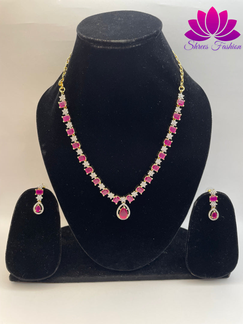 Floral Radiance Gold-Plated American Diamond Necklace with Delicate Flower Design and Pink & White Stones | Shrees Fashion