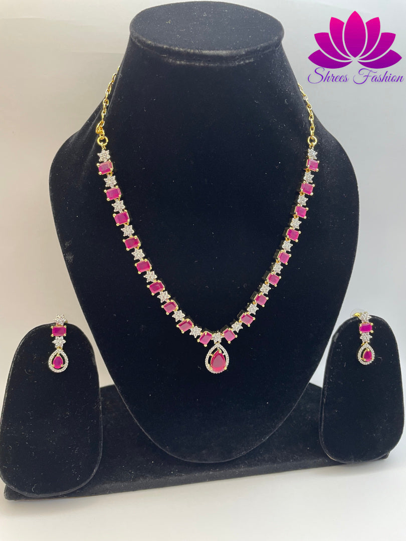 Floral Radiance Gold-Plated American Diamond Necklace with Delicate Flower Design and Pink & White Stones | Shrees Fashion