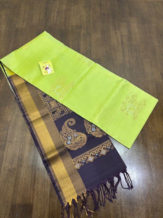 "Majestic Parrot Green & Yellow Kanchipuram Pure Silk Saree with Royal Peacock Border"