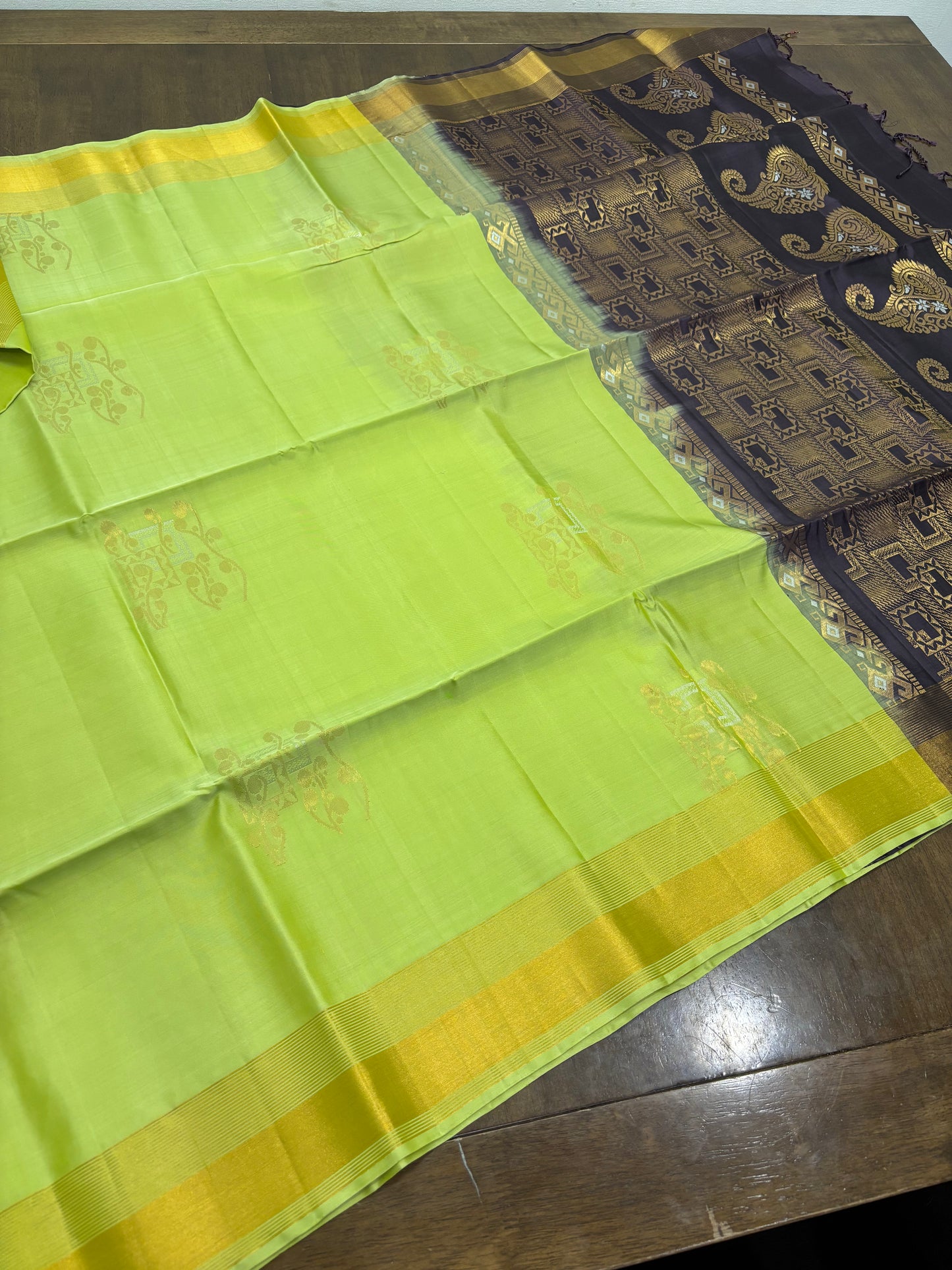 "Majestic Parrot Green & Yellow Kanchipuram Pure Silk Saree with Royal Peacock Border"