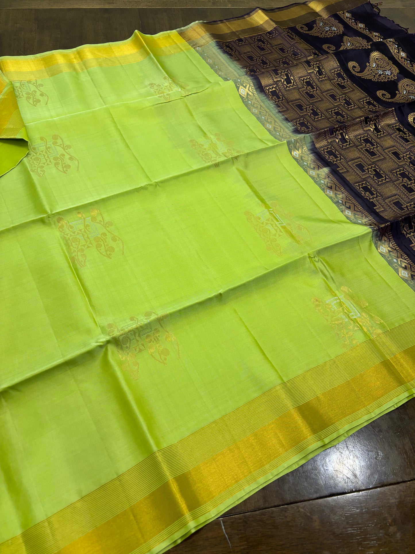 "Majestic Parrot Green & Yellow Kanchipuram Pure Silk Saree with Royal Peacock Border"