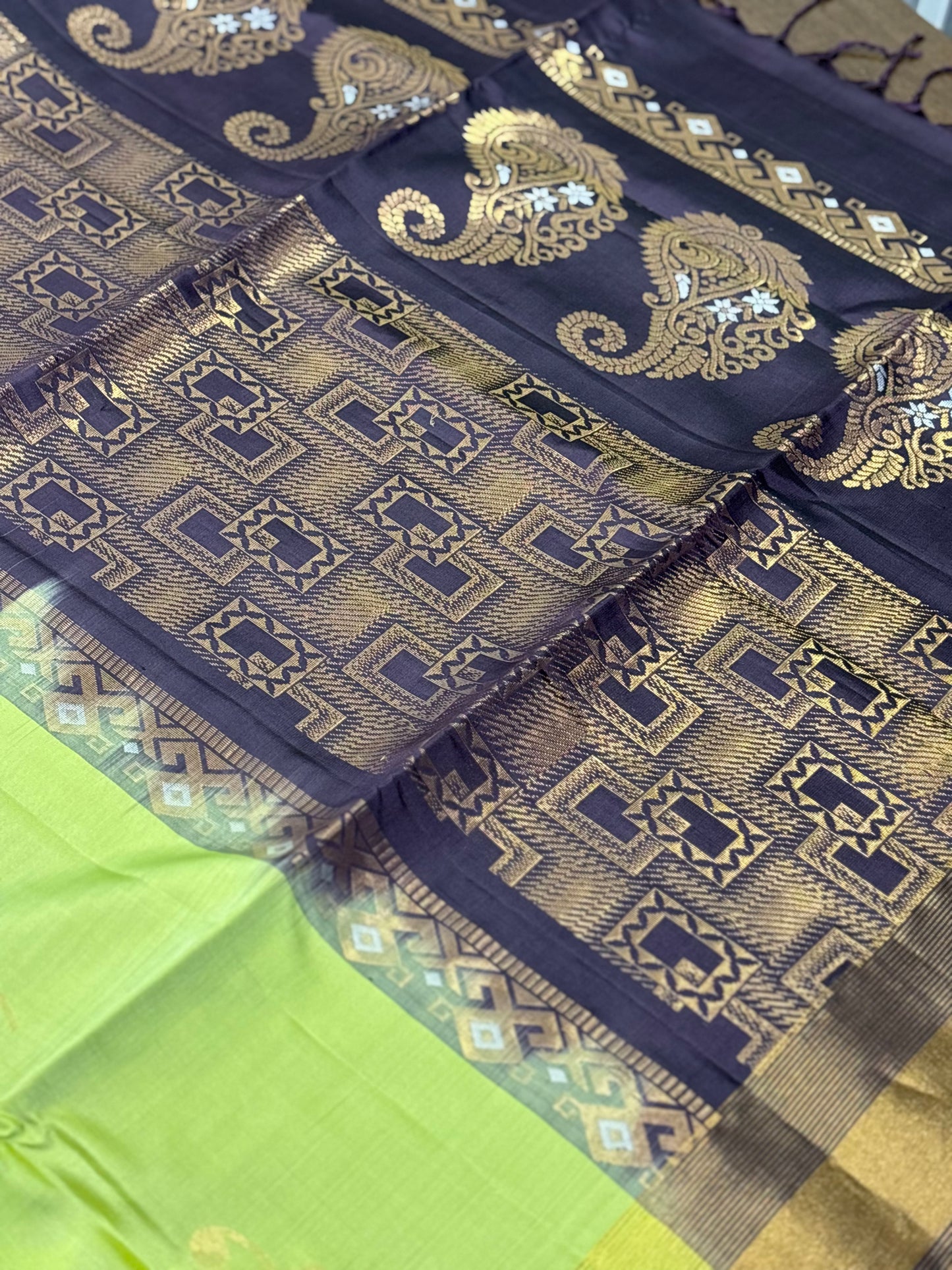 "Majestic Parrot Green & Yellow Kanchipuram Pure Silk Saree with Royal Peacock Border"