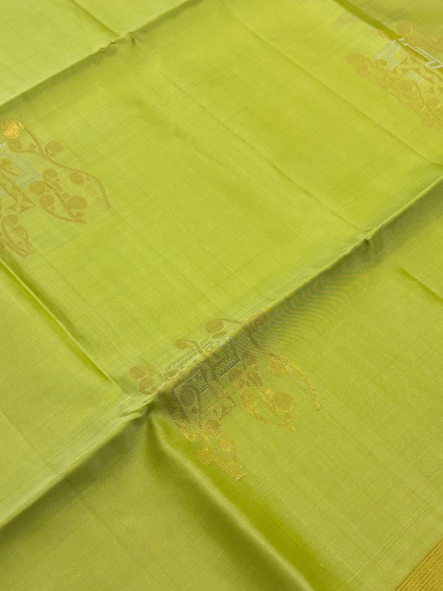 "Majestic Parrot Green & Yellow Kanchipuram Pure Silk Saree with Royal Peacock Border"