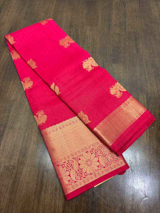 Raspberry Pink Kanchipuram Silk Saree with Gold Zari Peacock Buttas