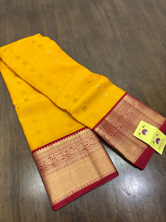 Radiant Yellow and Red Kanchipuram Silk Saree – Pure Handwoven Elegance