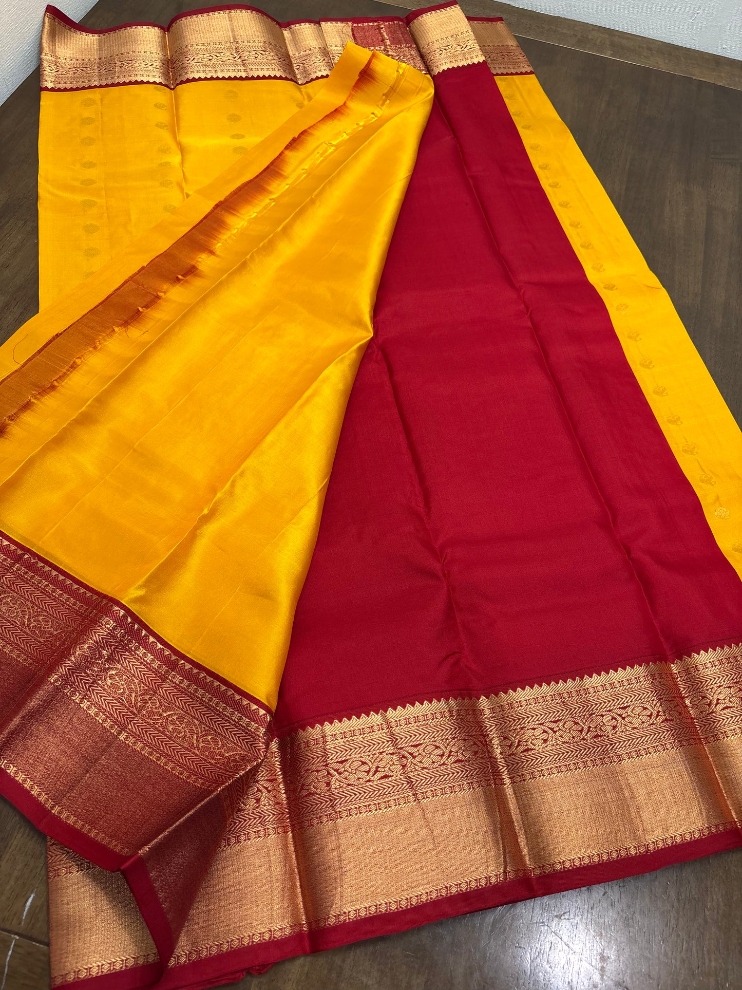 Radiant Yellow and Red Kanchipuram Silk Saree – Pure Handwoven Elegance