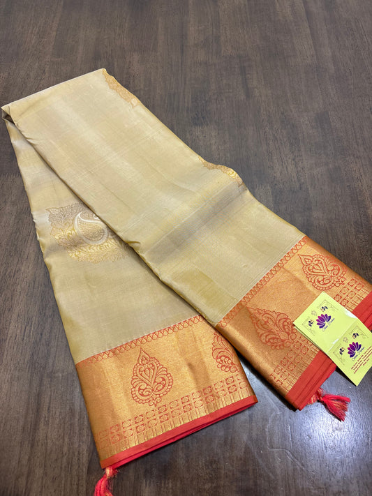 Radiant Gold & Peach Kanchipuram Silk Saree with Intricate Zari Detailing