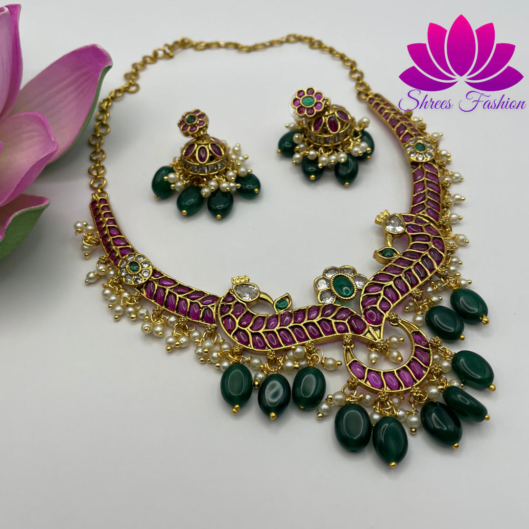 Elegant Fusion: CZ Stones Necklace with Pearls and Green Beads