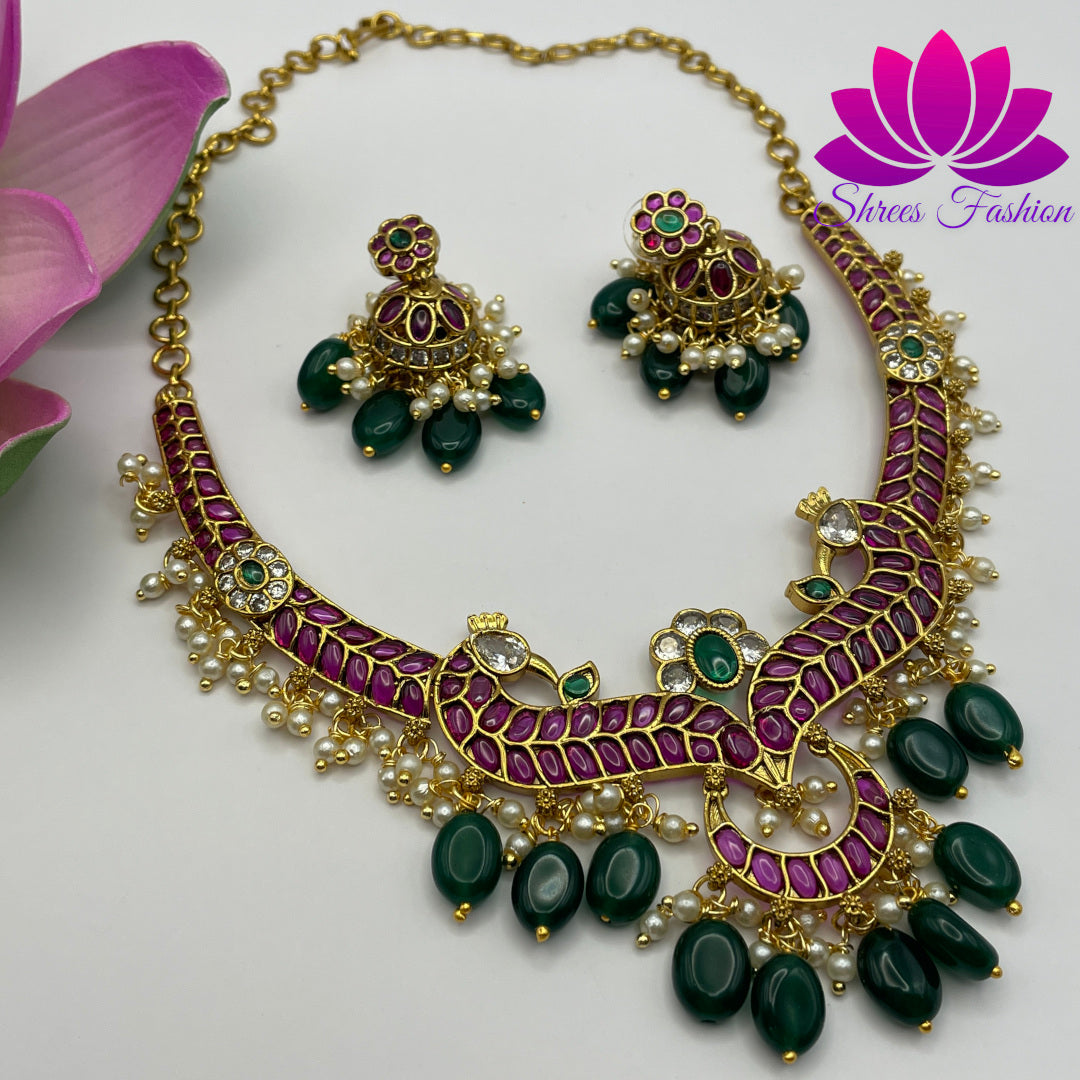 Elegant Fusion: CZ Stones Necklace with Pearls and Green Beads