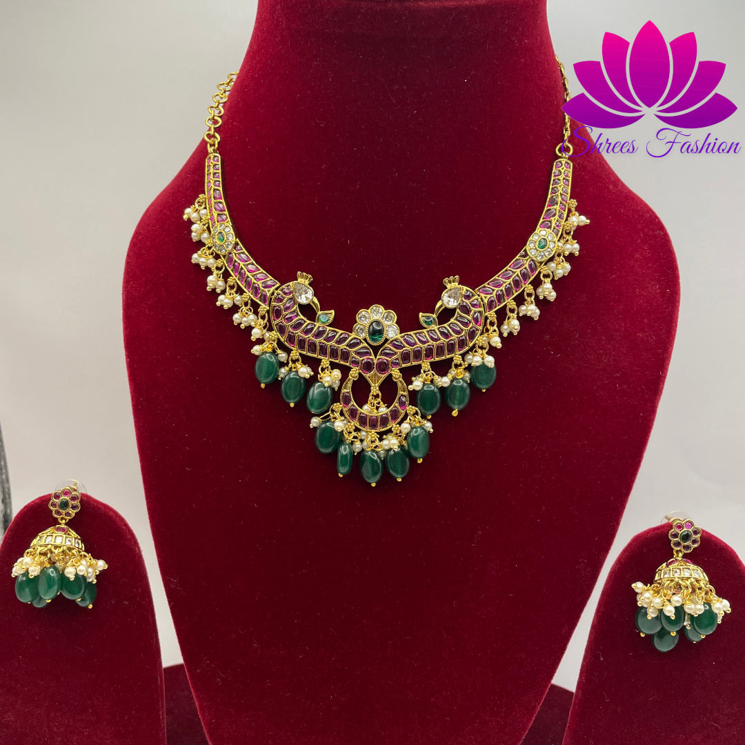 Elegant Fusion: CZ Stones Necklace with Pearls and Green Beads