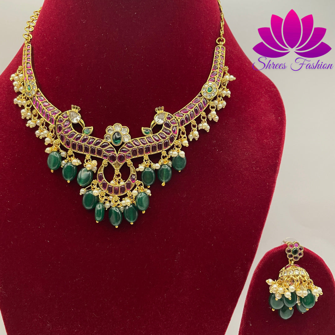 Elegant Fusion: CZ Stones Necklace with Pearls and Green Beads