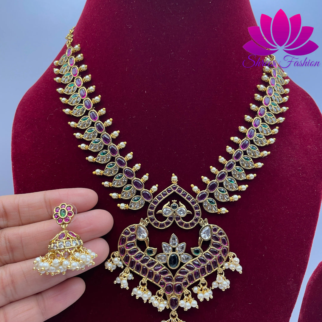 Regal Elegance: Peacock-inspired CZ Stone Necklace with Beaded Brilliance
