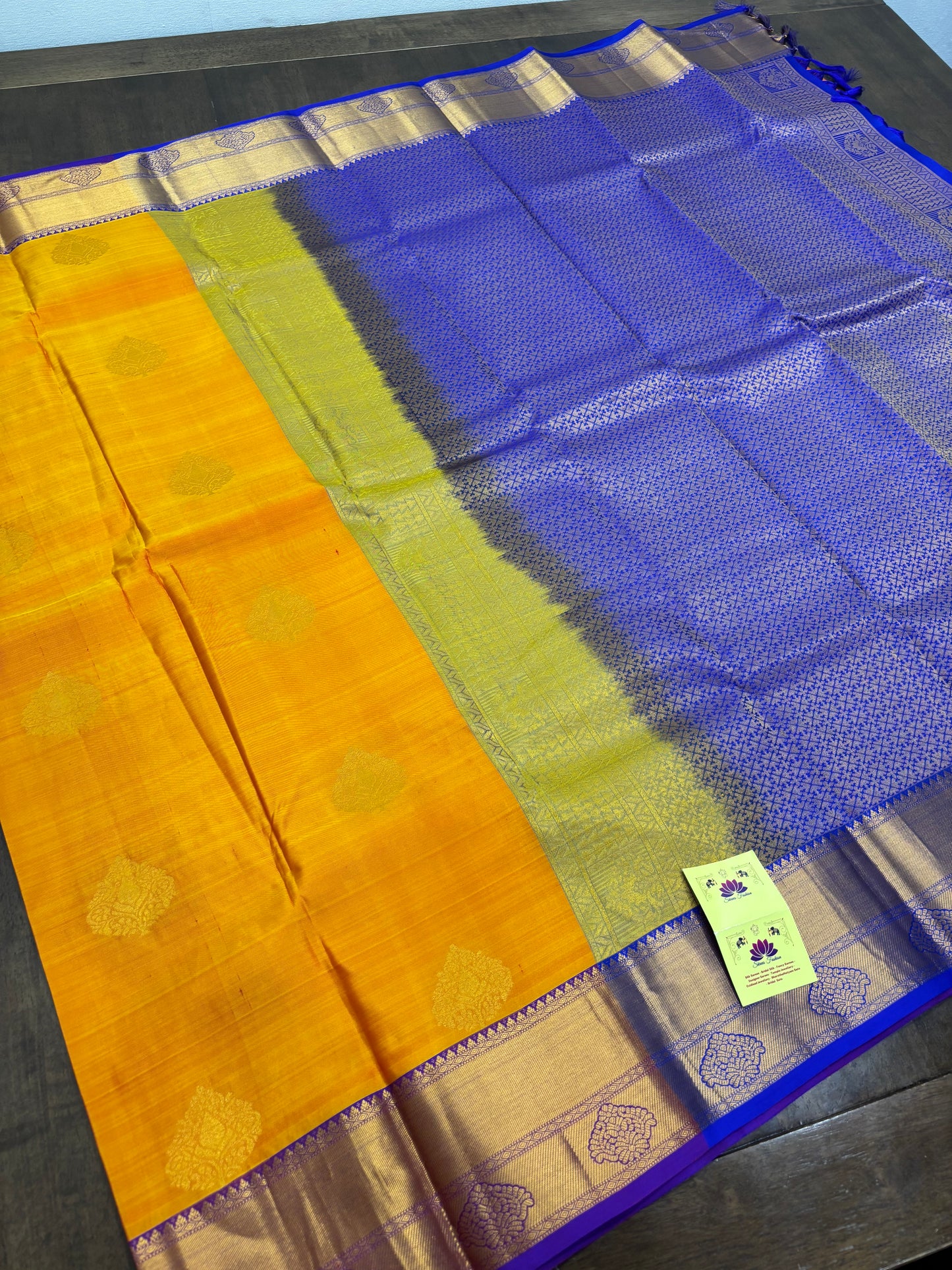 Regal Mustard Yellow & Royal Blue Kanchipuram Silk Saree