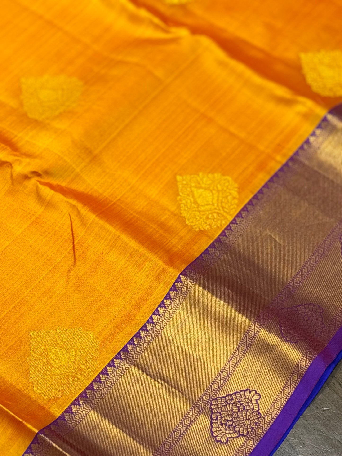 Regal Mustard Yellow & Royal Blue Kanchipuram Silk Saree