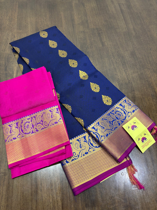 Dark Blue & Pink Kanchipuram Silk Saree with Elegant Zari Accents