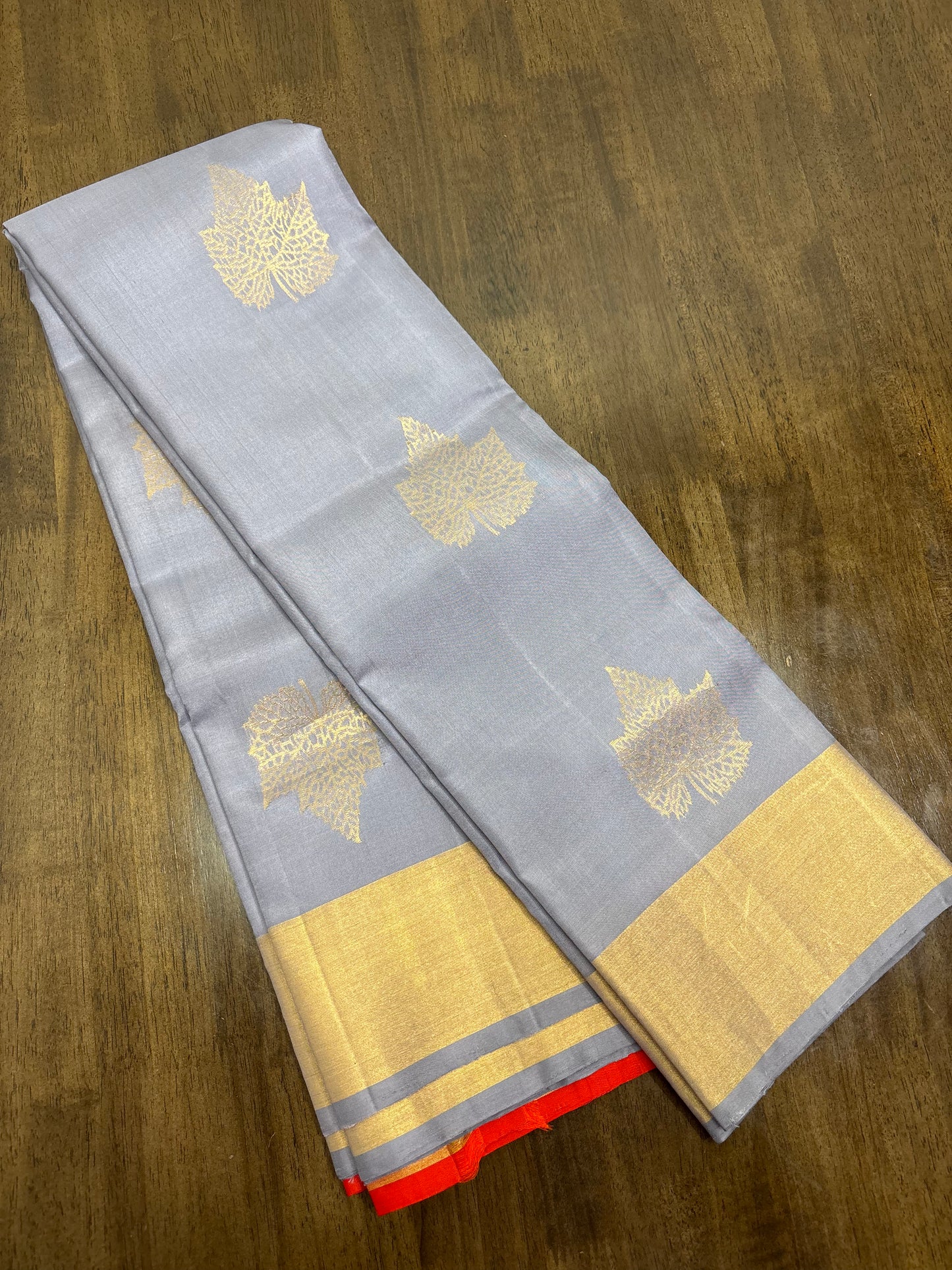 Grey & Orange Kanchipuram Silk Saree – Grace Meets Vibrance