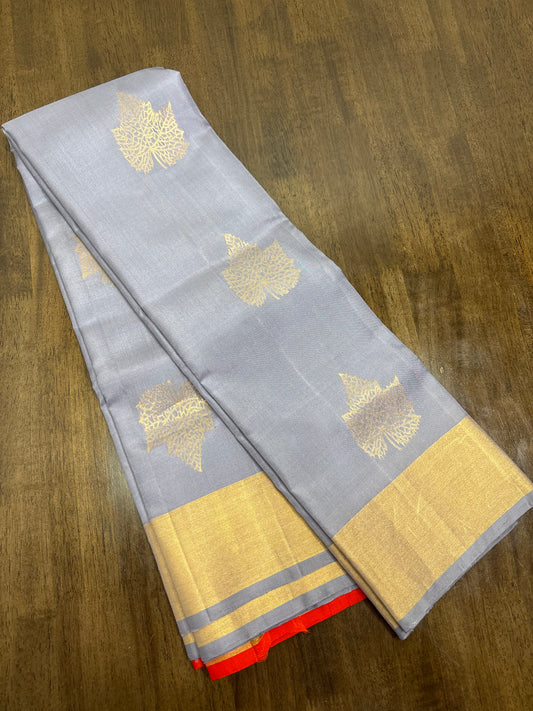 Grey & Orange Kanchipuram Silk Saree – Grace Meets Vibrance
