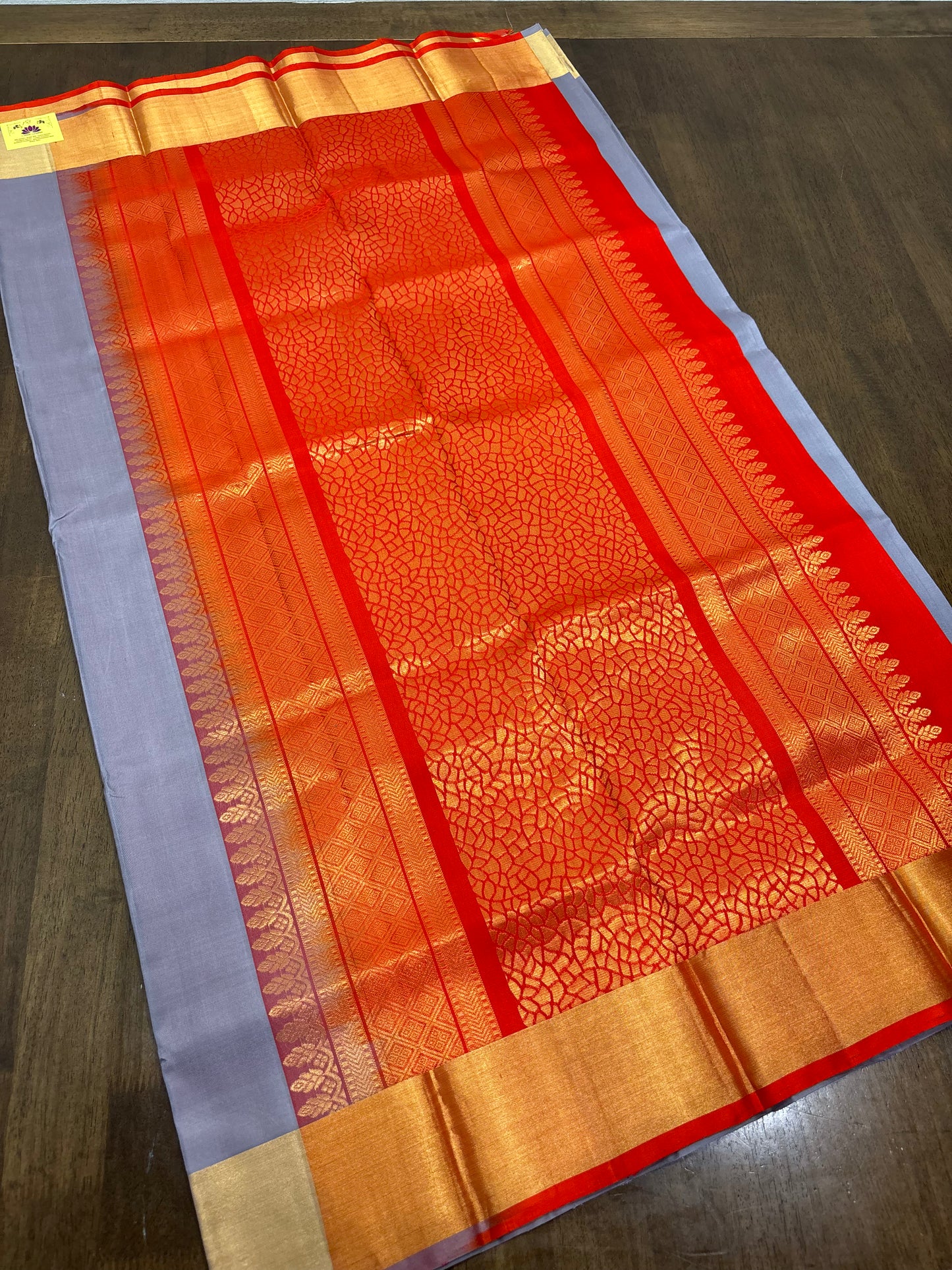 Grey & Orange Kanchipuram Silk Saree – Grace Meets Vibrance