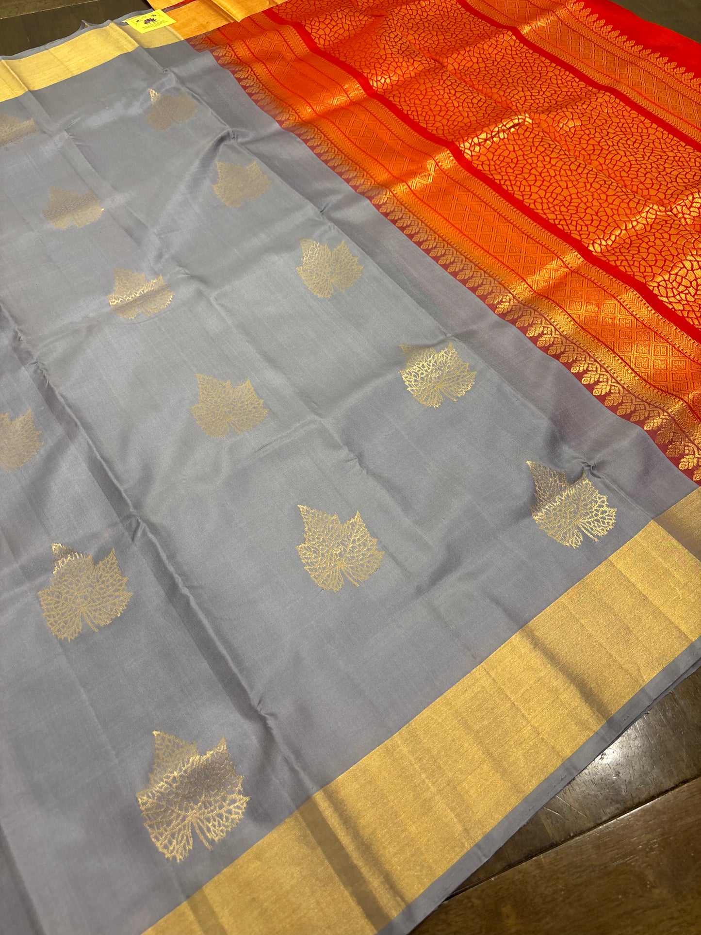 Grey & Orange Kanchipuram Silk Saree – Grace Meets Vibrance