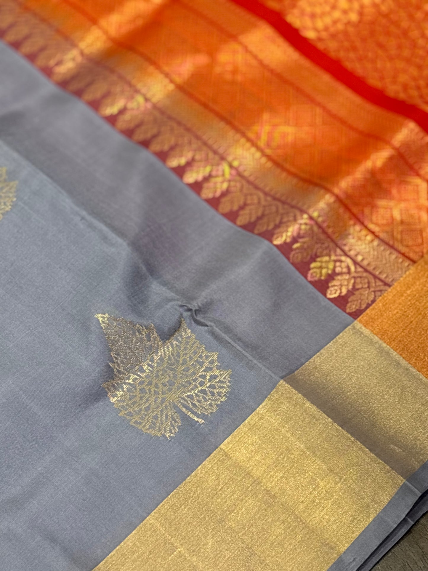 Grey & Orange Kanchipuram Silk Saree – Grace Meets Vibrance