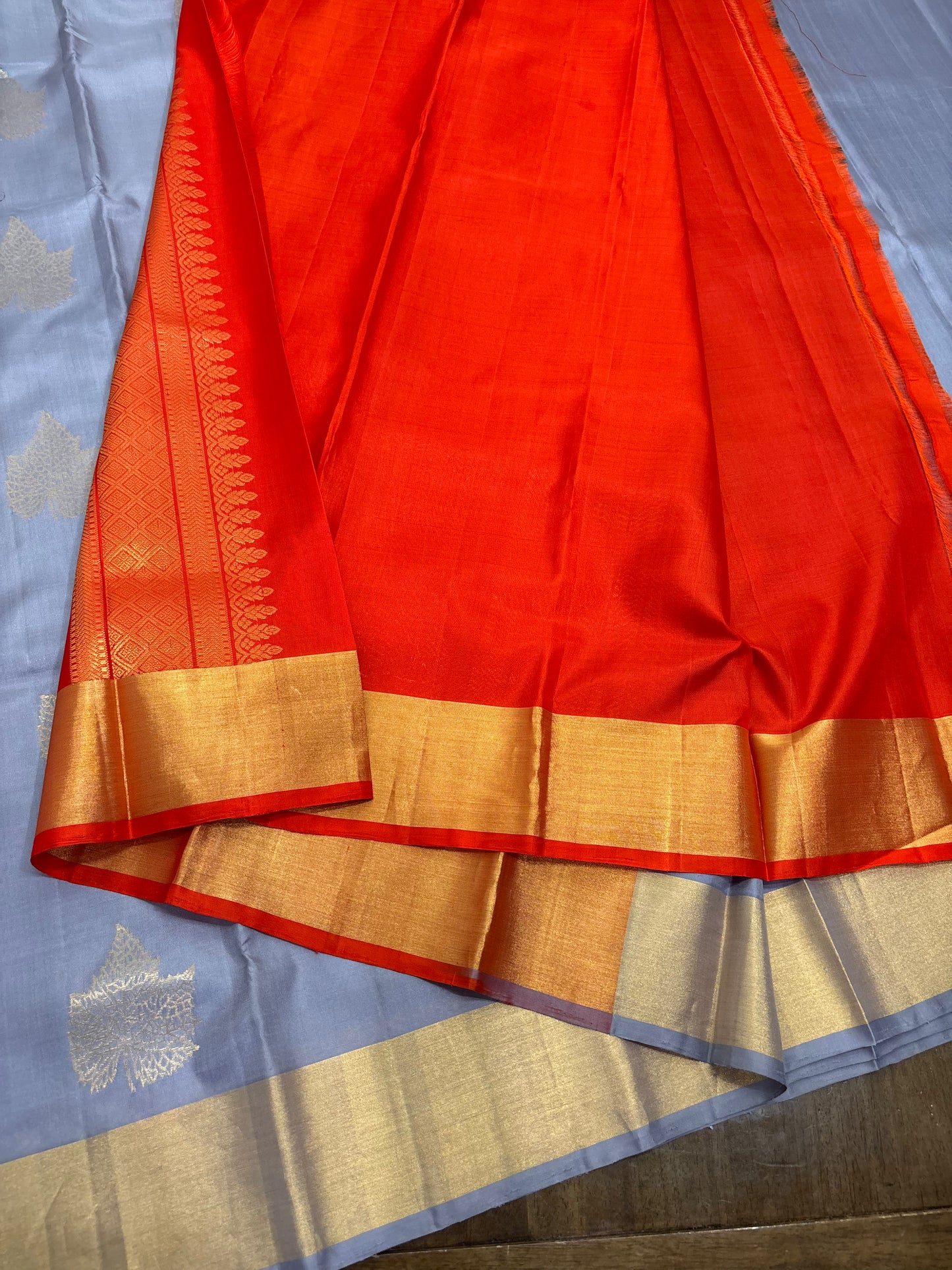 Grey & Orange Kanchipuram Silk Saree – Grace Meets Vibrance