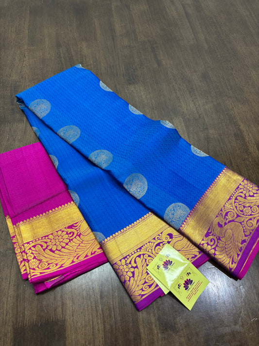 Copper Sulphate Blue & Rani Pink Kanchipuram Silk Saree – Vibrant Heritage Elegance
