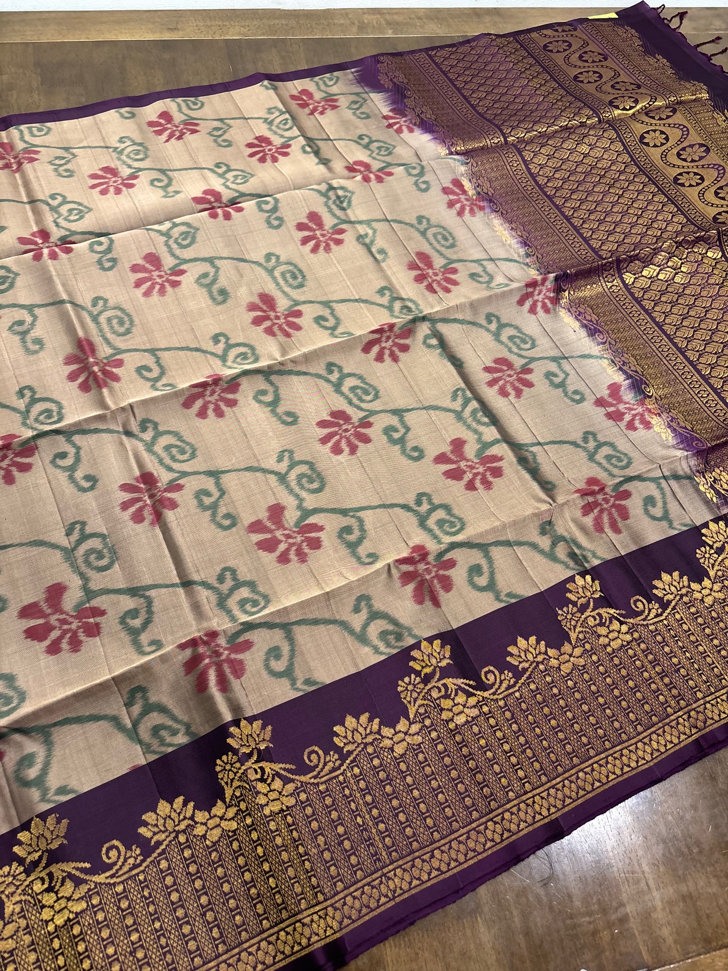 Light Brown Kanchipuram Silk Saree with Plum Accents & All-Over Floral Print
