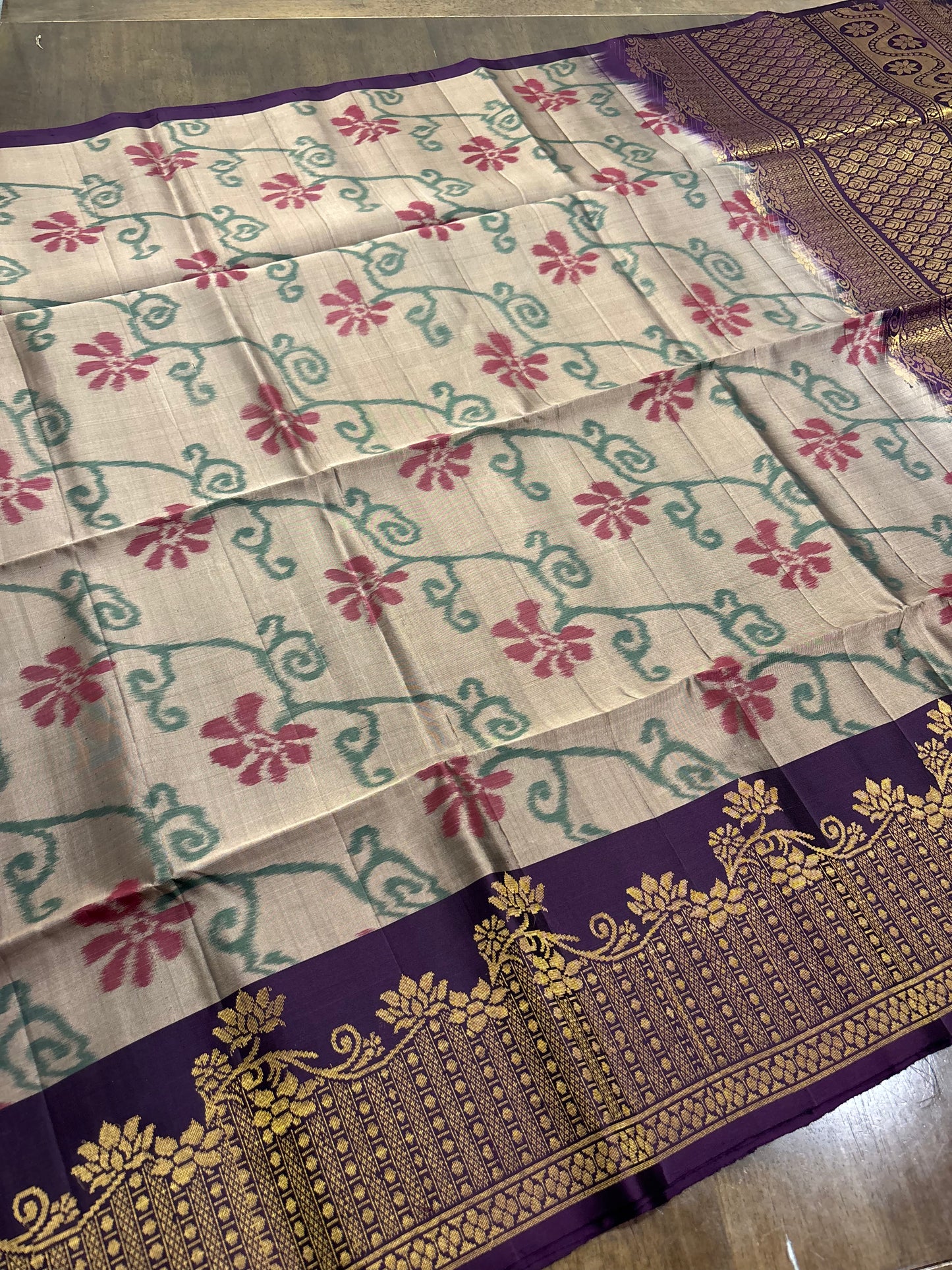 Light Brown Kanchipuram Silk Saree with Plum Accents & All-Over Floral Print