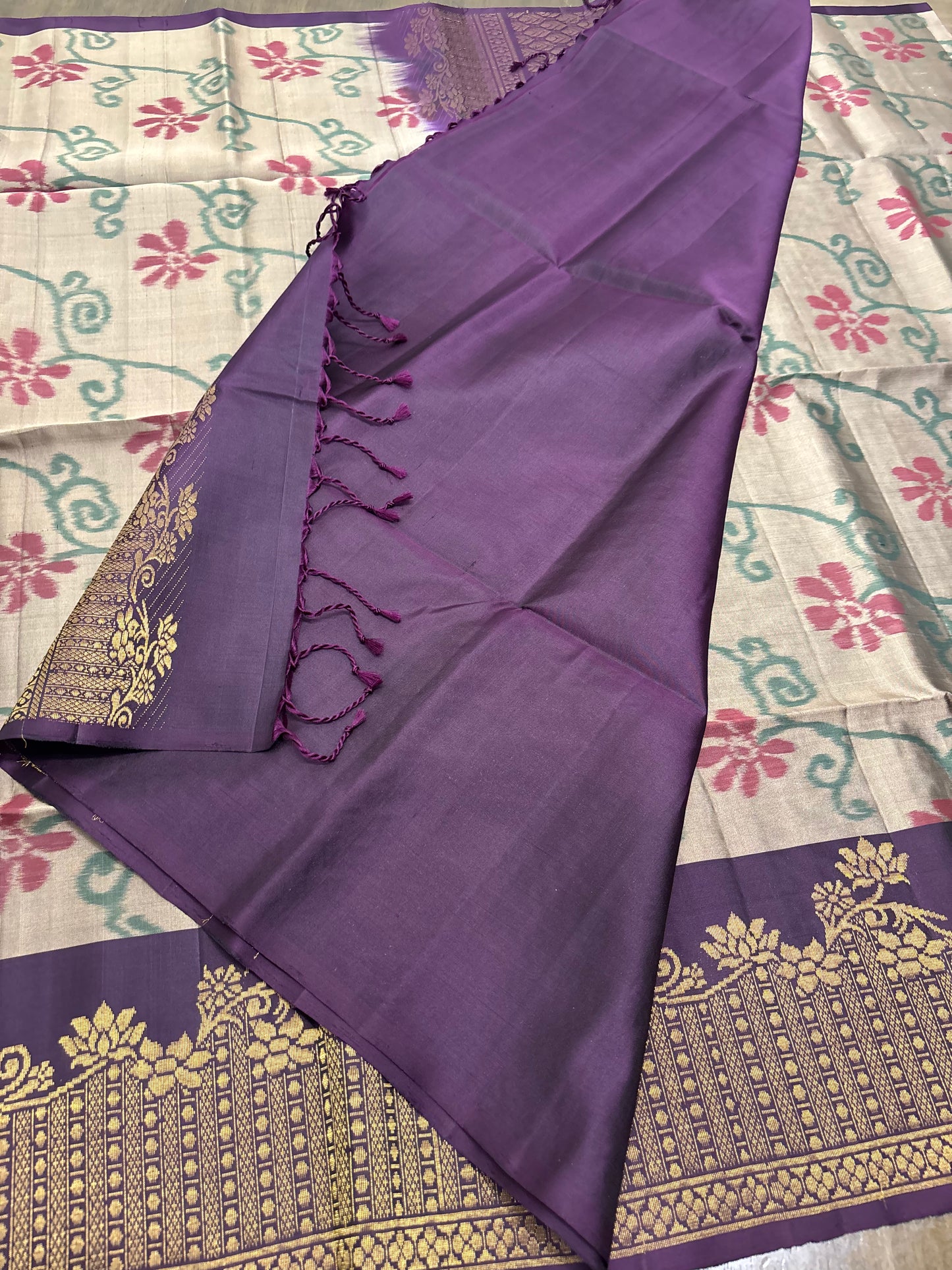 Light Brown Kanchipuram Silk Saree with Plum Accents & All-Over Floral Print