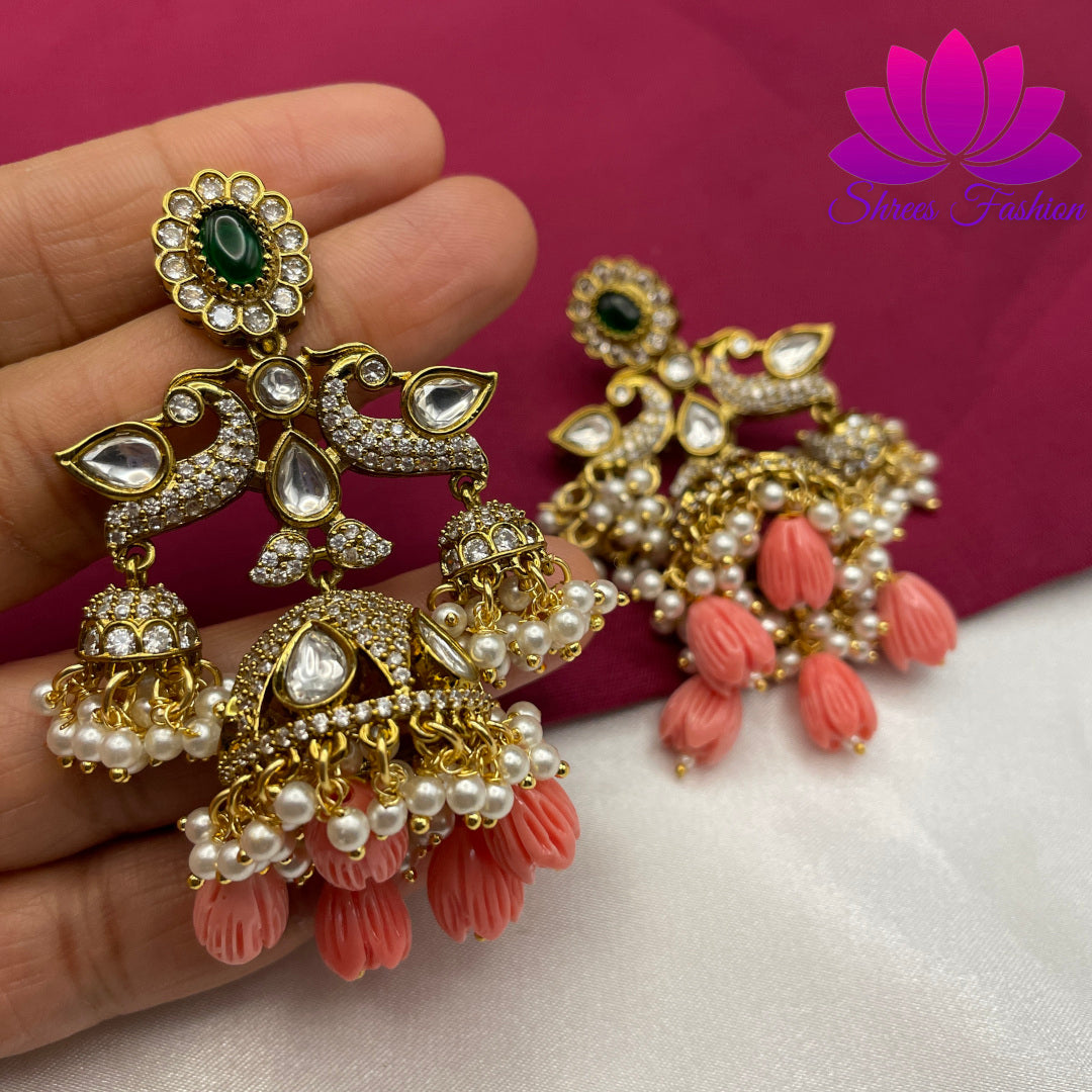 Pink Elegance: Victorian Stones Jhumka Earrings