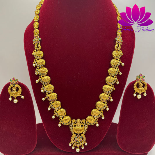 Floral Grace and Divine Elegance: Matte Finish Haram with Lakshmi Pendant"