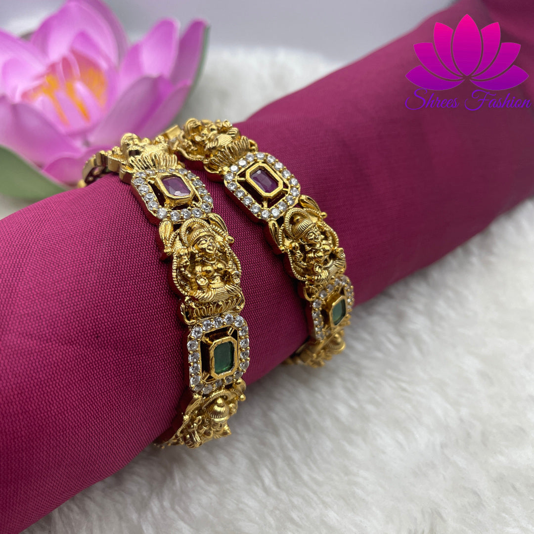 Divine Radiance: Exquisite Temple Design CZ Stones Matte Finish Bangles